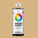 Water-based spray paint can with colorful logo on a beige background