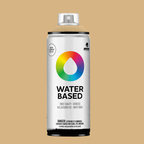 Water-based spray paint can with colorful logo on a beige background